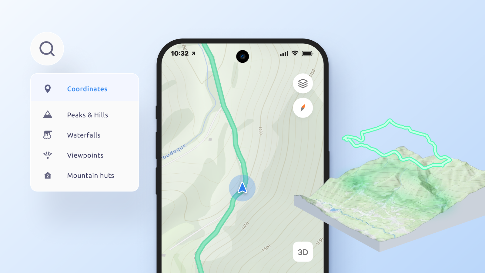 Hiking app with search and 3D terrain